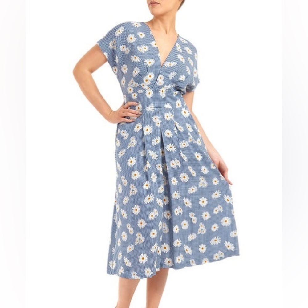 Retuned Kimberly Dress Navy White Daisies Gingham Midi Pockets Size XS